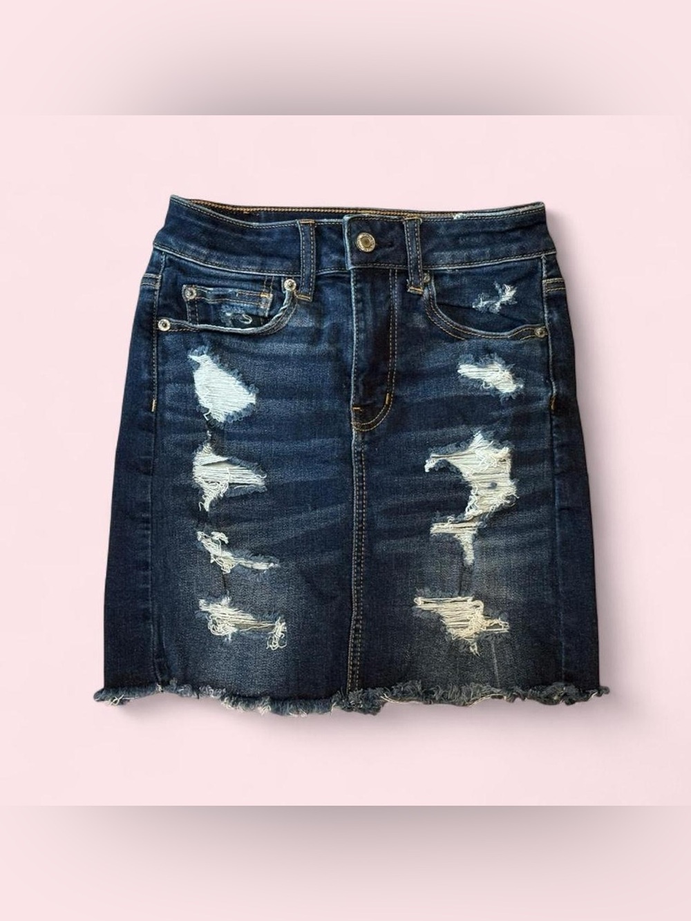 American Eagle Ripped / Distressed Dark Wash Denim Mini Skirt